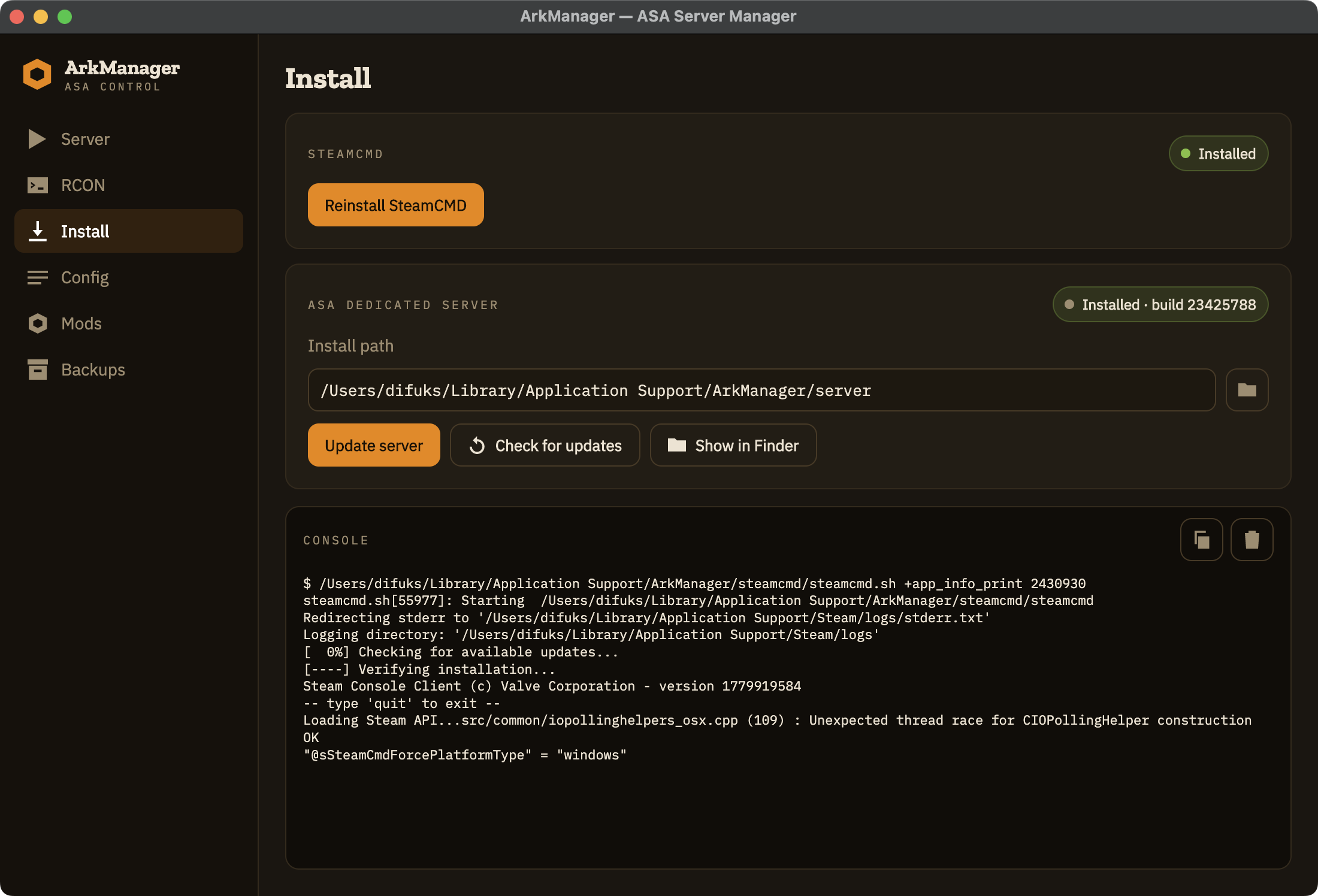 ArkManager Install tab