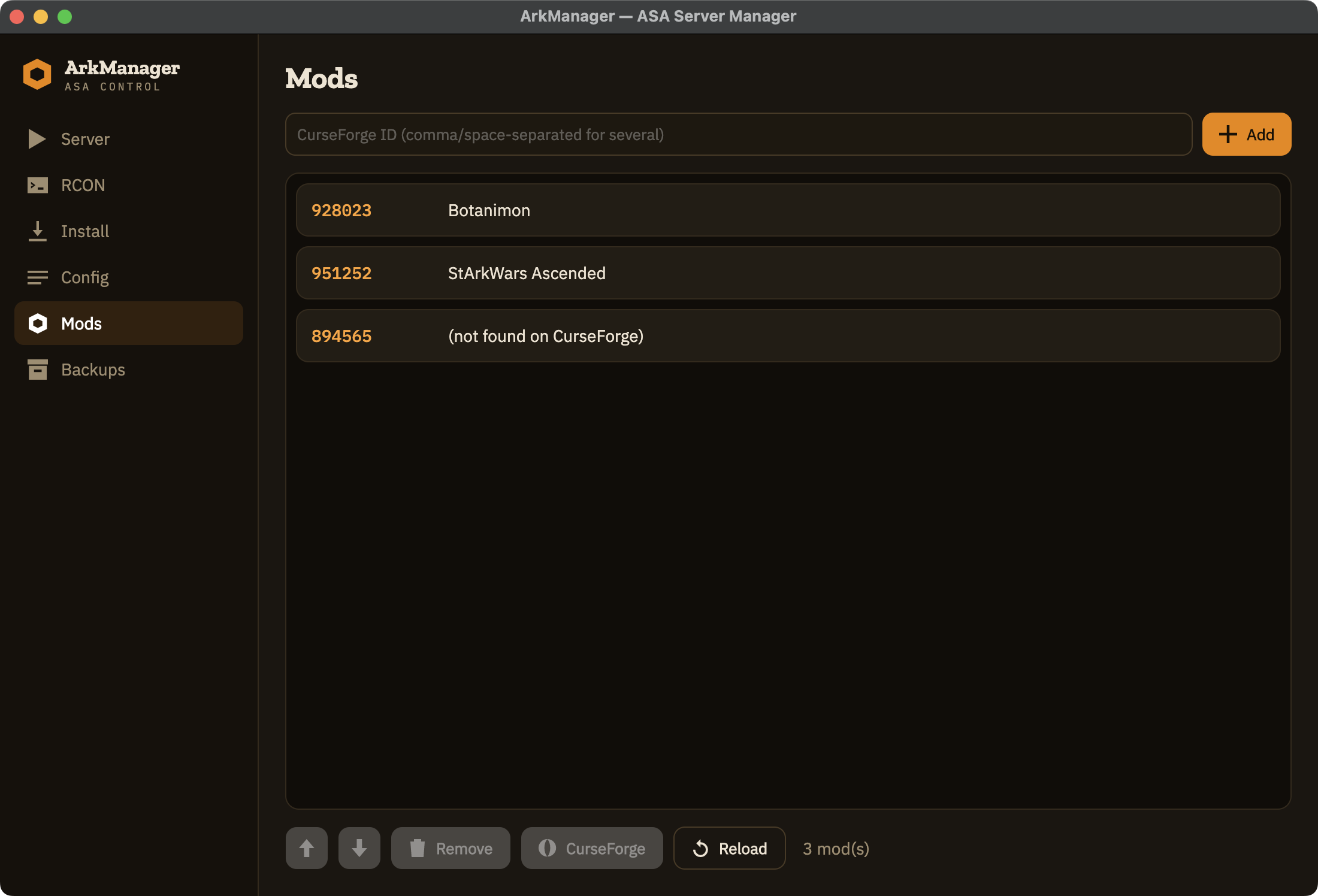 ArkManager Mods tab