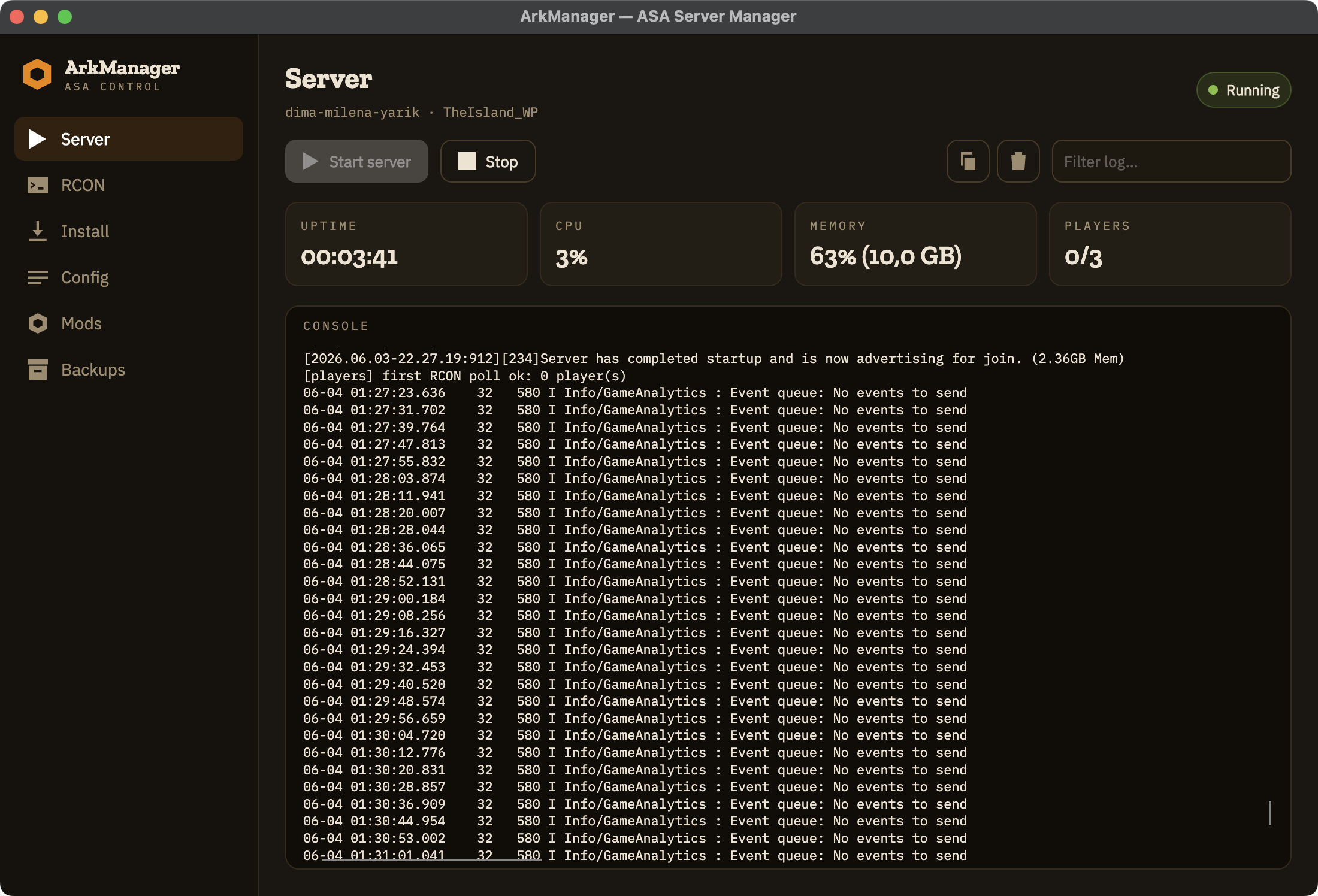 ArkManager Server tab